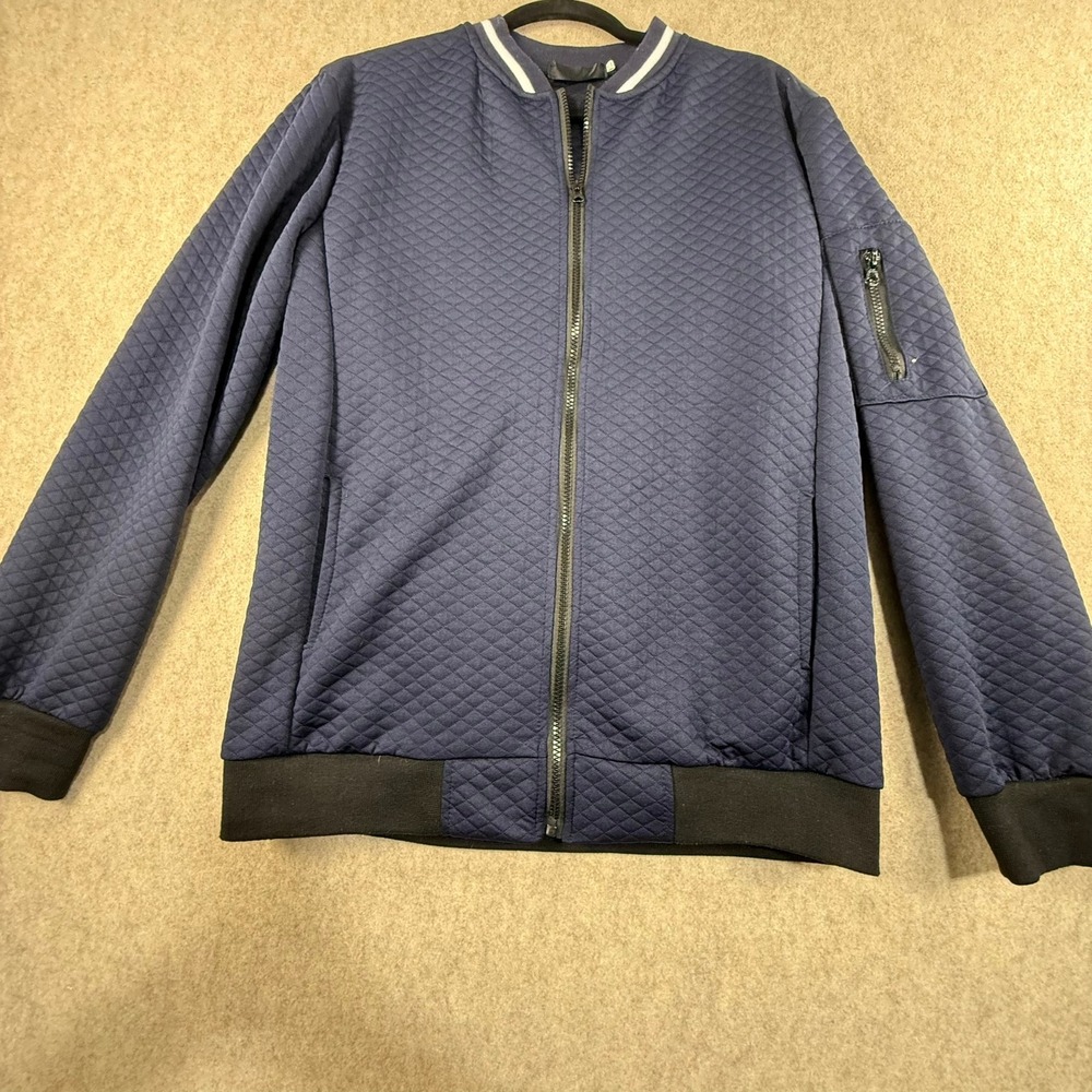 Navy Blue Quilted Bomber Jacket Mens XXL Full Zip Diamond Pattern Varsity Collar